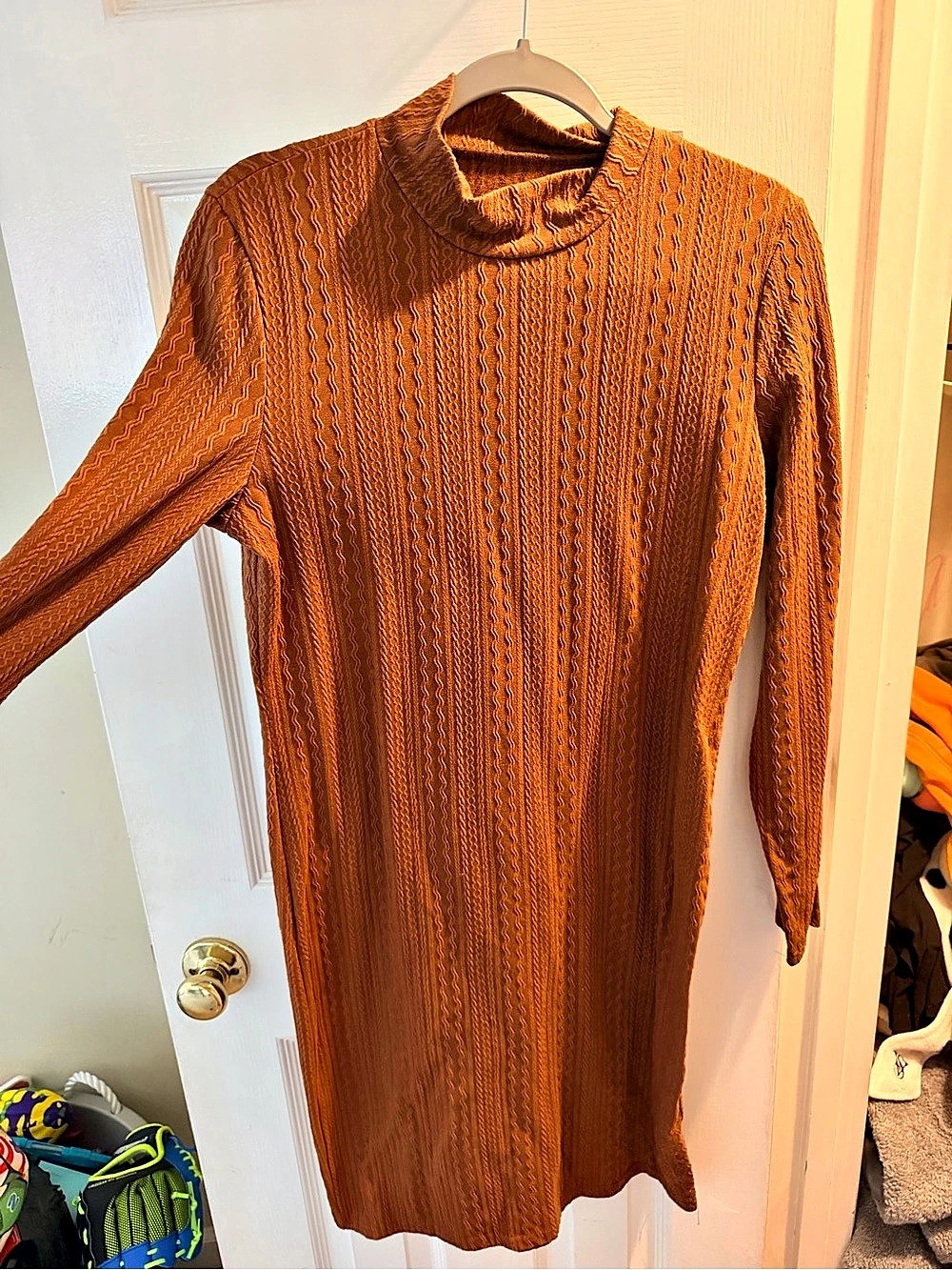 Ribbed Cowl Neck Sweater dress in Brown Like New